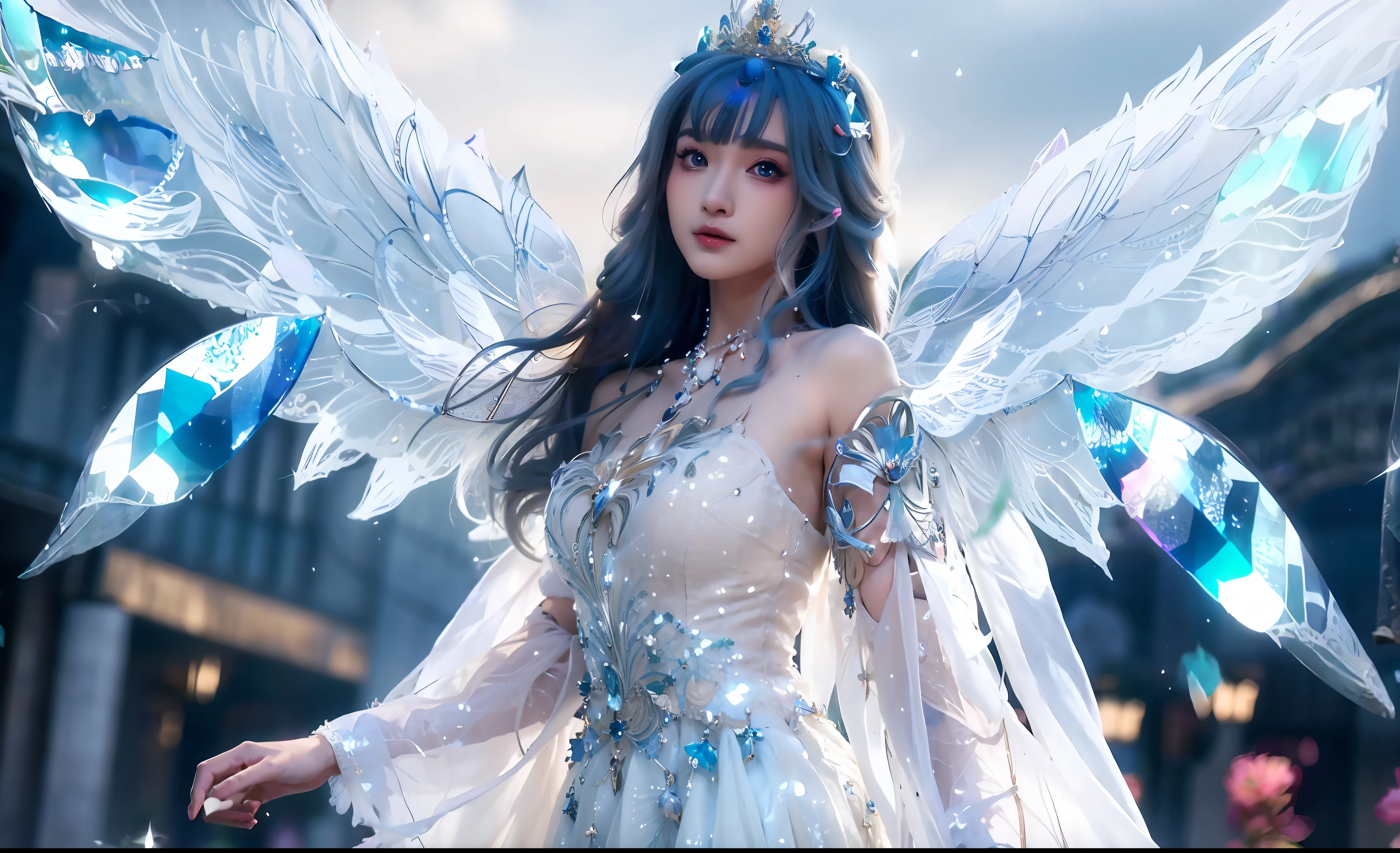 garota anime em um vestido branco com asas e cristais azuis, asas etéreas, anjo majestoso de corpo inteiro, belo anime de fantasia, Fantasia etérea, Lindo anjo, uma linda imperatriz de fantasia, of Lindo anjo, estilo de arte de fantasia, fada astral, grandes asas brancas brilhantes, of an Lindo anjo girl, Deusa dos animes, jovem anjo pálido, garota anjo cavaleiro, ((uma linda imperatriz de fantasia))