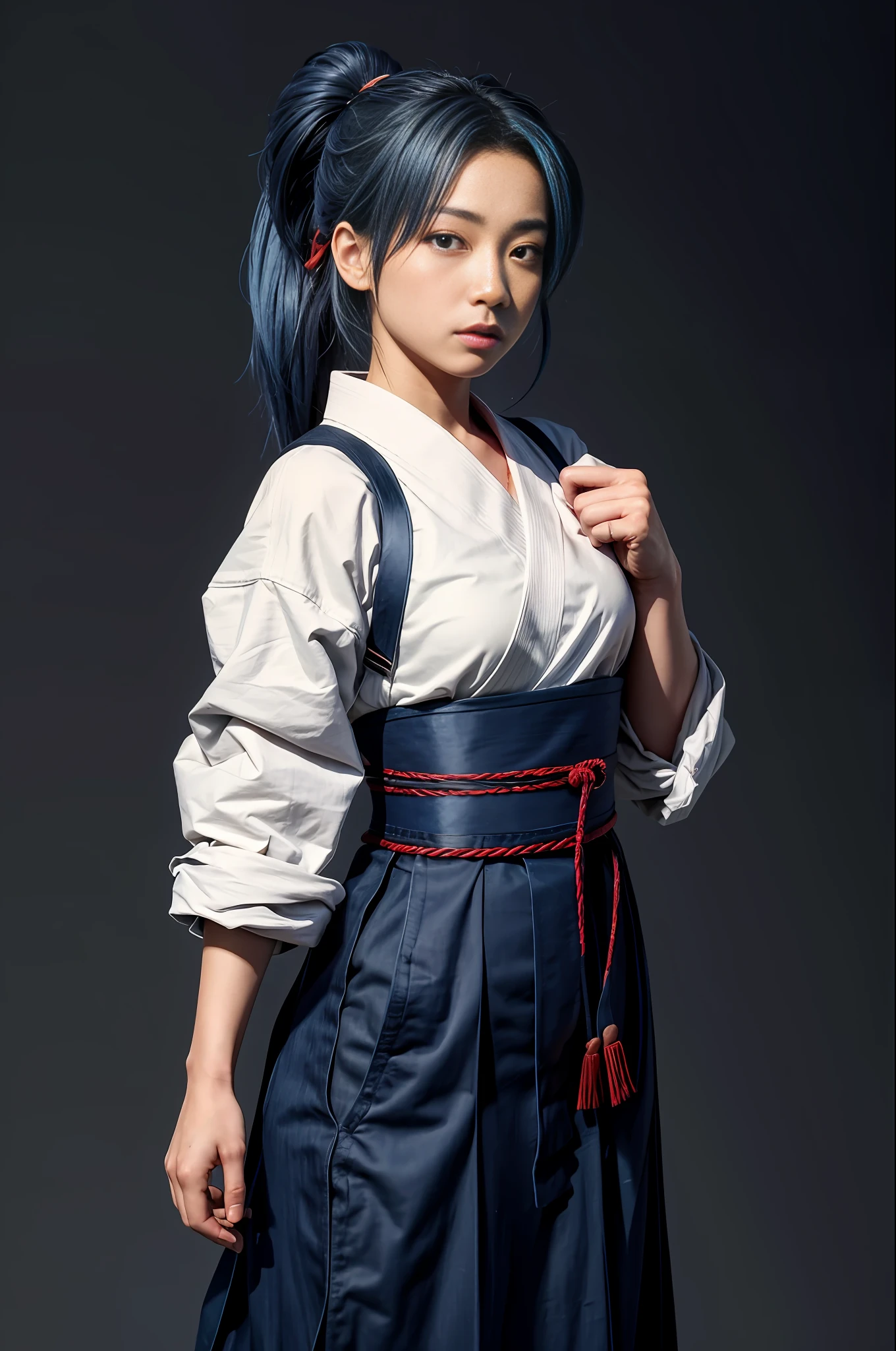 (Masterpiece, Top Quality, Best Quality, Ultra High Definition, Official Art, Beautiful and Aesthetic: 1.2), Cowboy Shot, Professional Artwork, Ultra Detailed, Intricate, Detailed Face, Perfect Lighting, 1 Girl, Solo, Kasumi MS, (Fractal Art: 1.3), Blue Hair, Ponytail, Hakama, Blue Hakama Skirt, 1 Katsu Band, White Japanese Clothes, Katyusha, Barefoot, Toes, Red Belt, Dagi, Sash, SeizaFootfocus, (50mm), (High Accuracy: 1.2), (Face: 1.2), Detail, _Eyes, (Gradient), (Ambient Light: 1.3), (Film Composition: 1.3), (JC: 1), Accent Lighting, High Definition CG Unity 8k Wallpaper, Original, HDTV, (perfect_anatomy: 1.2), Complex and Cinematic Appearance, Cinematic Soft Light