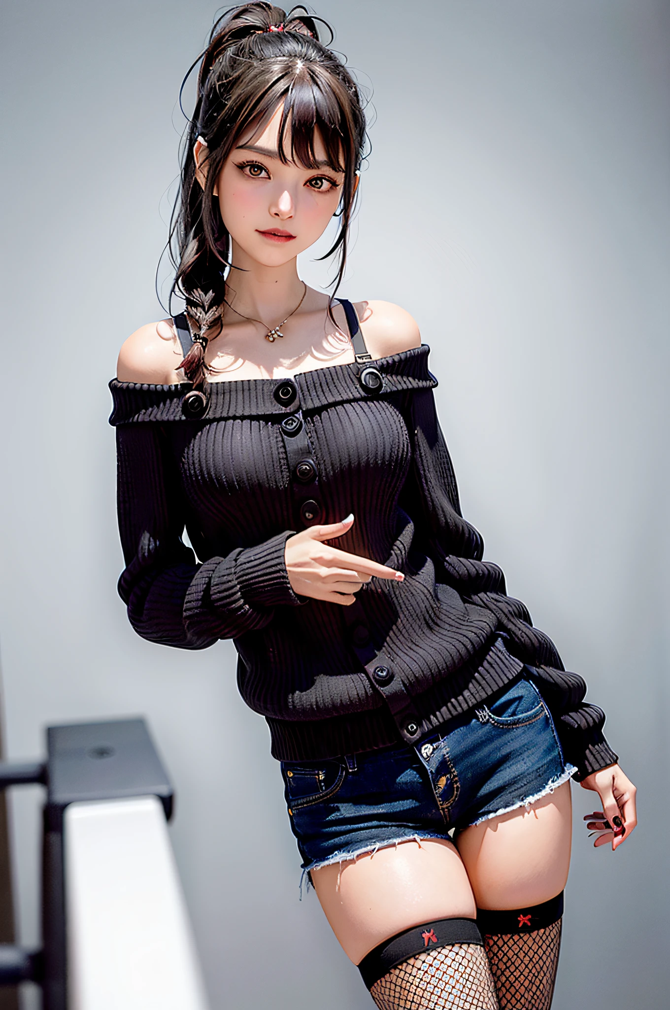 1woman,30s,Masterpiece,Best Quality,Futao (Genshin Impact),Butao,Ponytail,Brunette,Solo,Symbol Pupil,Long Hair, Finger Heart, Bangs, Black Shorts,(Highly Detailed CG Unity 8k Wallpaper), (Masterpiece), (Top Quality), (Super Detailed), (Best Illustration), (Best Shadow), (Realistic:1.4), 1girl on street, Kpop idol, ((Very oversized sweater, button sweater, open sweater), (Gray hair:1.1), Clavicles, (middle breasts:1.3), See, Smile, Full body, (Latax clothes, Latax stockings, soft smile, clothes smooth texture),