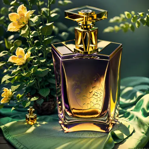 Close-up of a bottle of perfume, high-end, generating a nice purple background atmosphere, delicate forest background, OC rendering, light and shadow, Product photography of a perfume bottle arranged with plants and flowers, realistic, light background, re...