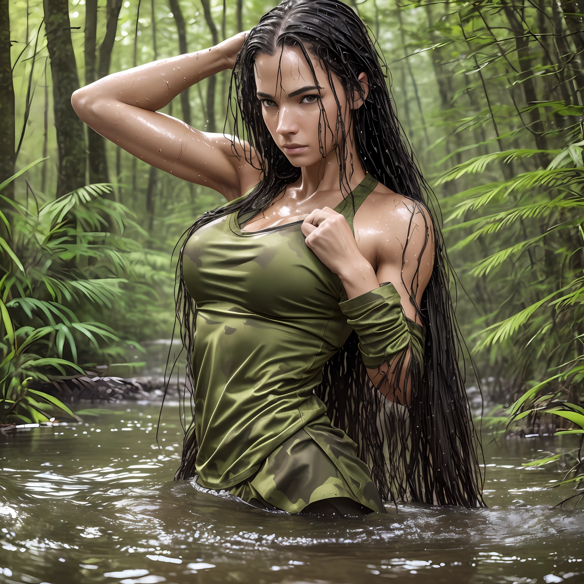 Masterpiece, hdr, high definition, 8k, professional camera, nikon camera, cinema grain, details, dramatic composition, professional light, cinematics, cinema camera, 1 woman, looking at camera, walking in water, half body, immersed in swamp, photo-realistic skin, detailed texture, natural skin texture, brozeated skin, muscles, fitness, defined abdomen, abdomen to show, fixed look, long hair,  black hair, camouflage top, large breasts trimmed, tight top clothing, sior, wet, light on your body, detailed eyes, natural skin texture, realism, photorealistic nature, swamp, dense vegetation, perfect lighting, --auto --s2