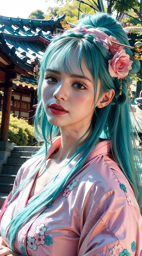 (Aqua hair), hair flowers, (pink kimono, floral kimono)