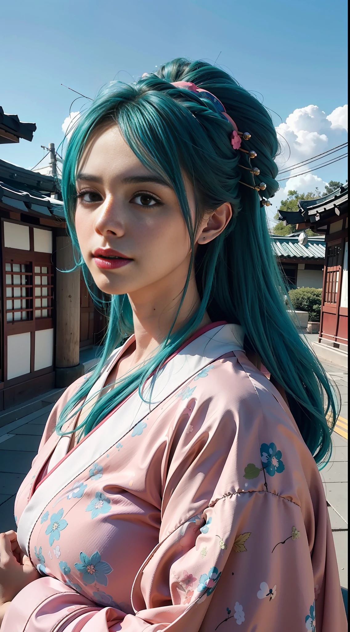 KozukiHiyori, ((masterpiece:1.4, best quality)), ((masterpiece, best quality)), (photo realistic:1.4), medium breasts, Japanese actress, big black eyes, cute, young, smiling, (aqua hair :1.2), flower in hair, (pink kimono: 1.2, floral kimono), makeup, kimono, lipstick, long hair, hair stick, hairpin, pose, castle, cityscape, wind, blue sky, professional lighting, physically -based rendering