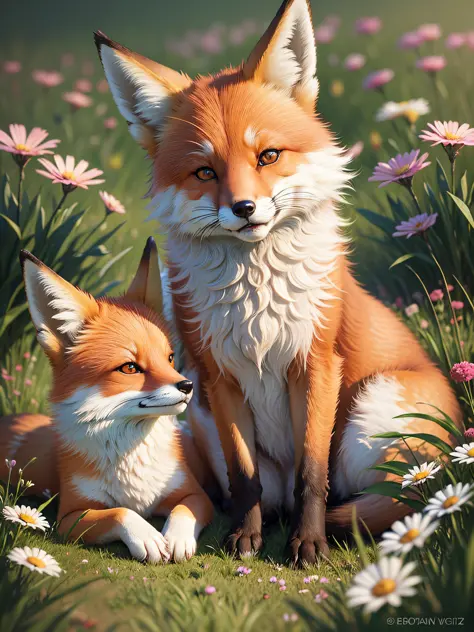 Beautiful fox, eyes open, smiling, grass, flowers, and good lighting
