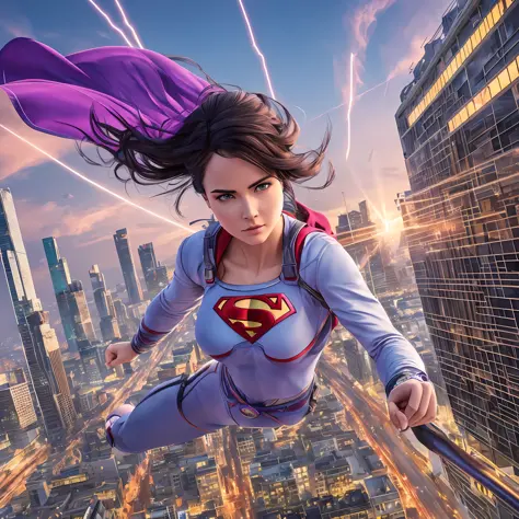 Set against the backdrop of an apocalyptic city, a young woman flies through the air like Superman, the woman wears a purple dot hairstyle and wears dot clothing, (Masterpiece:1.2) (photorealistic:1.2) (best quality) (intricate details) (8K) (High Poly) (R...