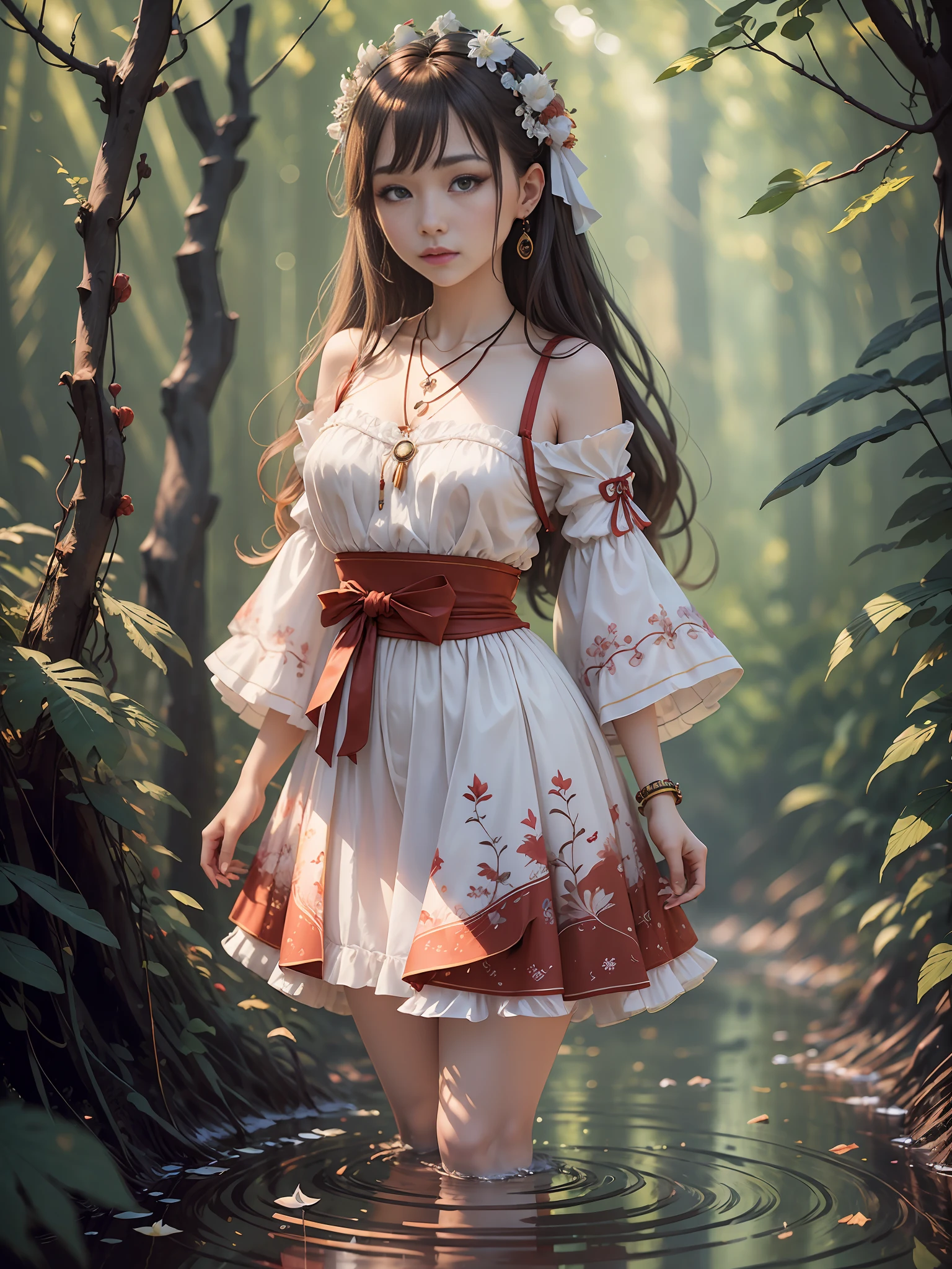 (best quality, masterpiece, high resolution, glow, flood, lens glare, wide angle), sunlight, full body, 1 [Chinese|Russian|Japanese|Korean] girl, ((Mei red:1.1) clothes), necklace, jewelry, long hair, earrings, super delicate face, beautiful face, full face blush, perfect eyes (very long eyelashes: 1.4), glowing pupils, (white stockings: 0.9), realism, (high detail skin: 1.2), 8k ultra hd, DSLR, high quality, volumetric lighting, frankness, high resolution, 4K, 8K, background bokeh, dream forest, feather drop effect, morning, foreground