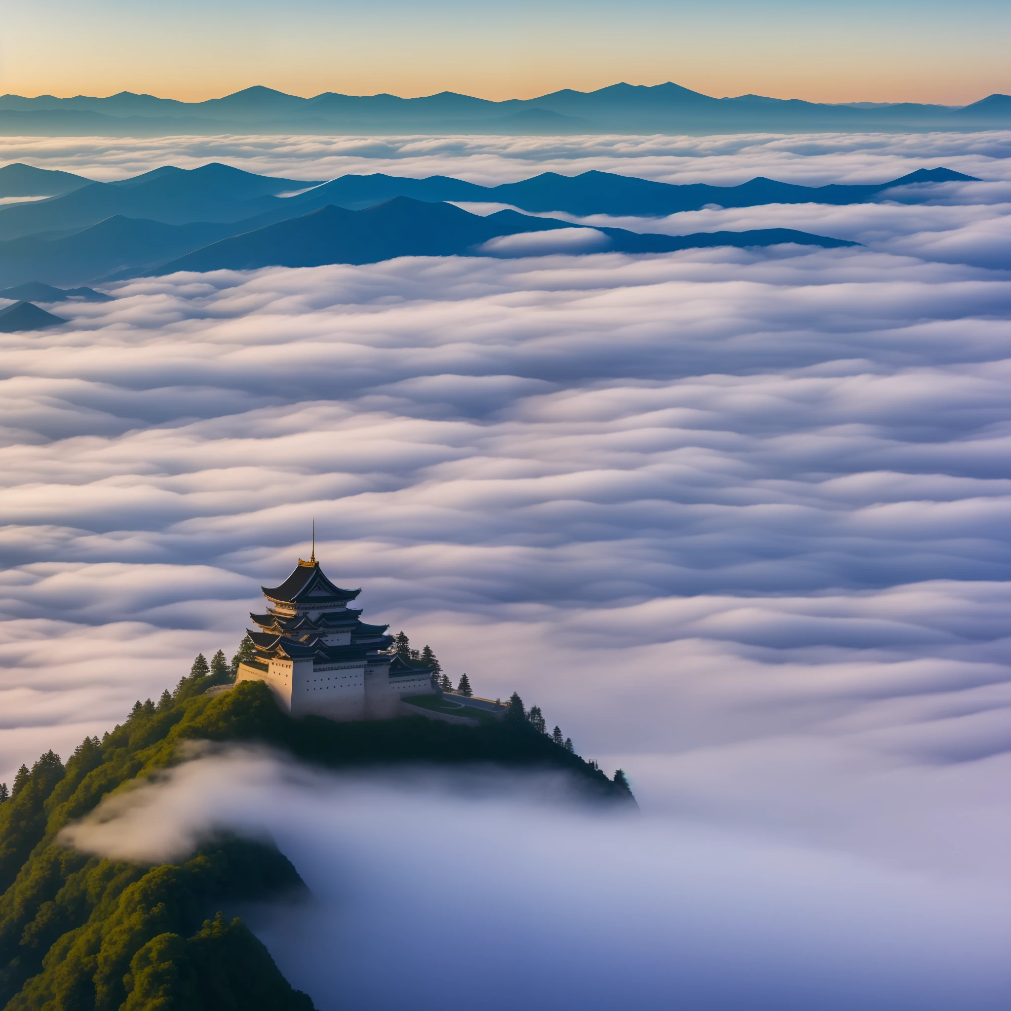 Bergschloss, Wolkenmeer, Japan, uneinnehmbar, höchste Qualität, Blick von schräg oben, Schloss schwebt in den Wolken, hochauflösendes Schloss, Bildqualität, in der Morgensonne strahlen
