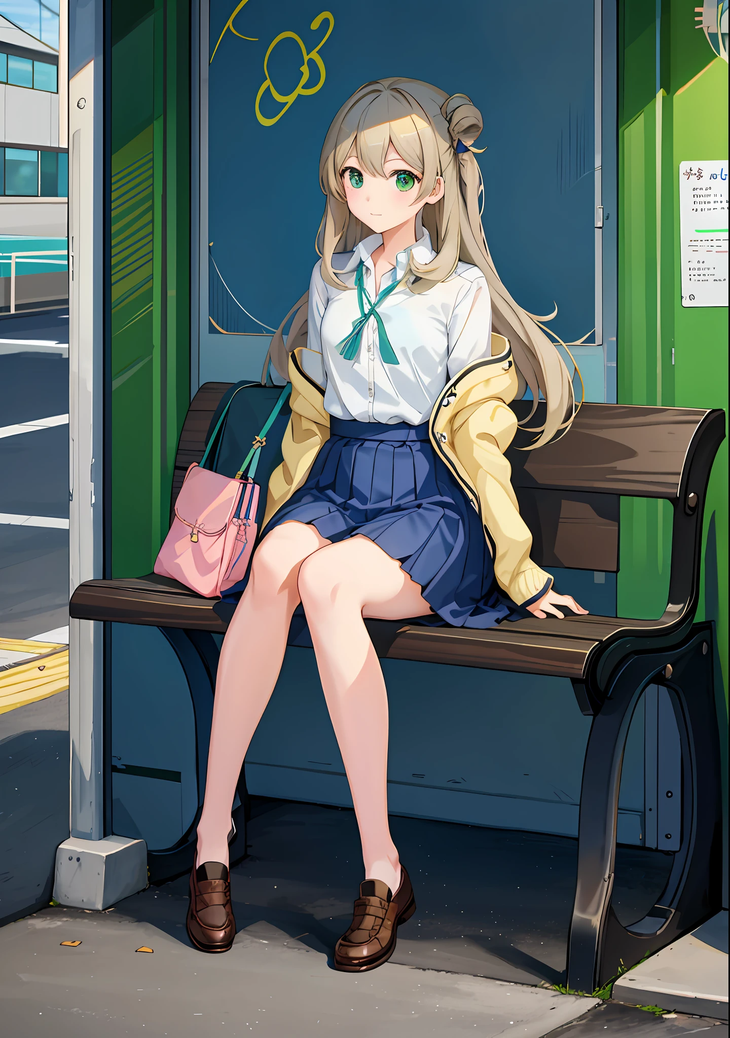 anime girl sitting on a bench eating a cookie, hanayamata, a hyperrealistic schoolgirl, realistic schoolgirl, anime visual of a cute girl, , hyperrealistic , magical school student uniform, school girl, mysterious coffee shop girl, full body portrait of a short!, cushart krenz key art feminine