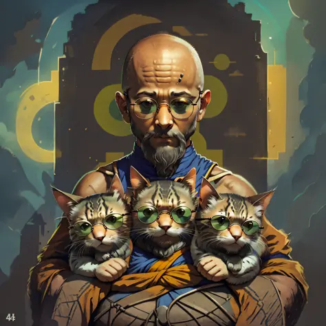 monk meditating/india/four arms/bald/glasses/round sunglasses/earring/kittens near --auto --s2
