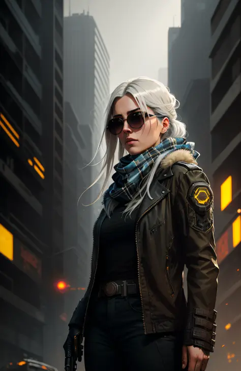 (dark shot:1.1), epic realistic, portrait of halo, sunglasses, blue eyes, tartan scarf, white hair by atey ghailan, by greg rutkowski, by greg tocchini, by james gilleard, by joe fenton, by kaethe butcher, gradient yellow, black, brown and magenta color sc...