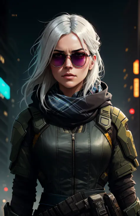 (dark shot:1.1), epic realistic, portrait of halo, sunglasses, blue eyes, tartan scarf, white hair by atey ghailan, by greg rutkowski, by greg tocchini, by james gilleard, by joe fenton, by kaethe butcher, gradient yellow, black, brown and magenta color sc...