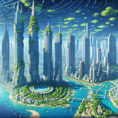 There are many cylindrical skyscrapers in the depths of the field, cylindrical buildings higher than the clouds, bright color scheme, closer and lower cylindrical buildings, farther higher and thicker hazy cylindrical structures, lush greenery in the foreg...
