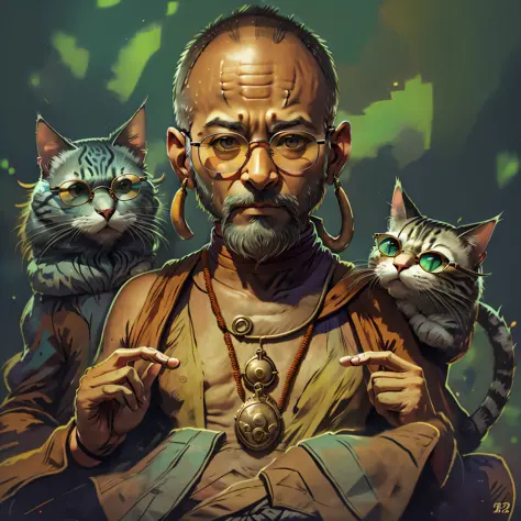 monk meditating/india/four arms/bald/glasses/round sunglasses/earring/cat near --auto --s2