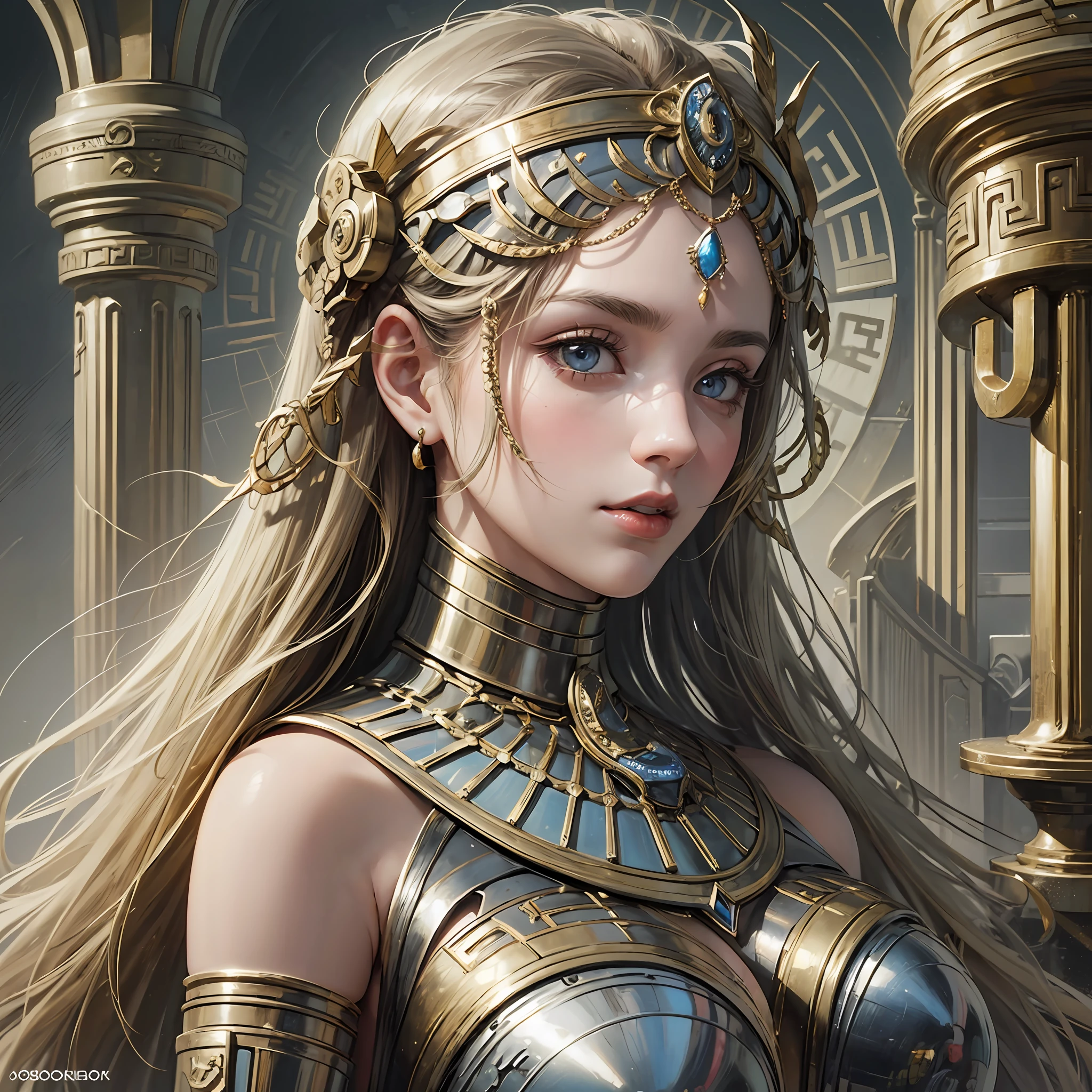 (masterpiece), (best quality), photorealism, realistic, ultra detailed, perfect face, perfect body, 1girl, beautiful girl, Greek goddess, Greek clothes,peplos, stand, sexy, robotic arm, mechanical