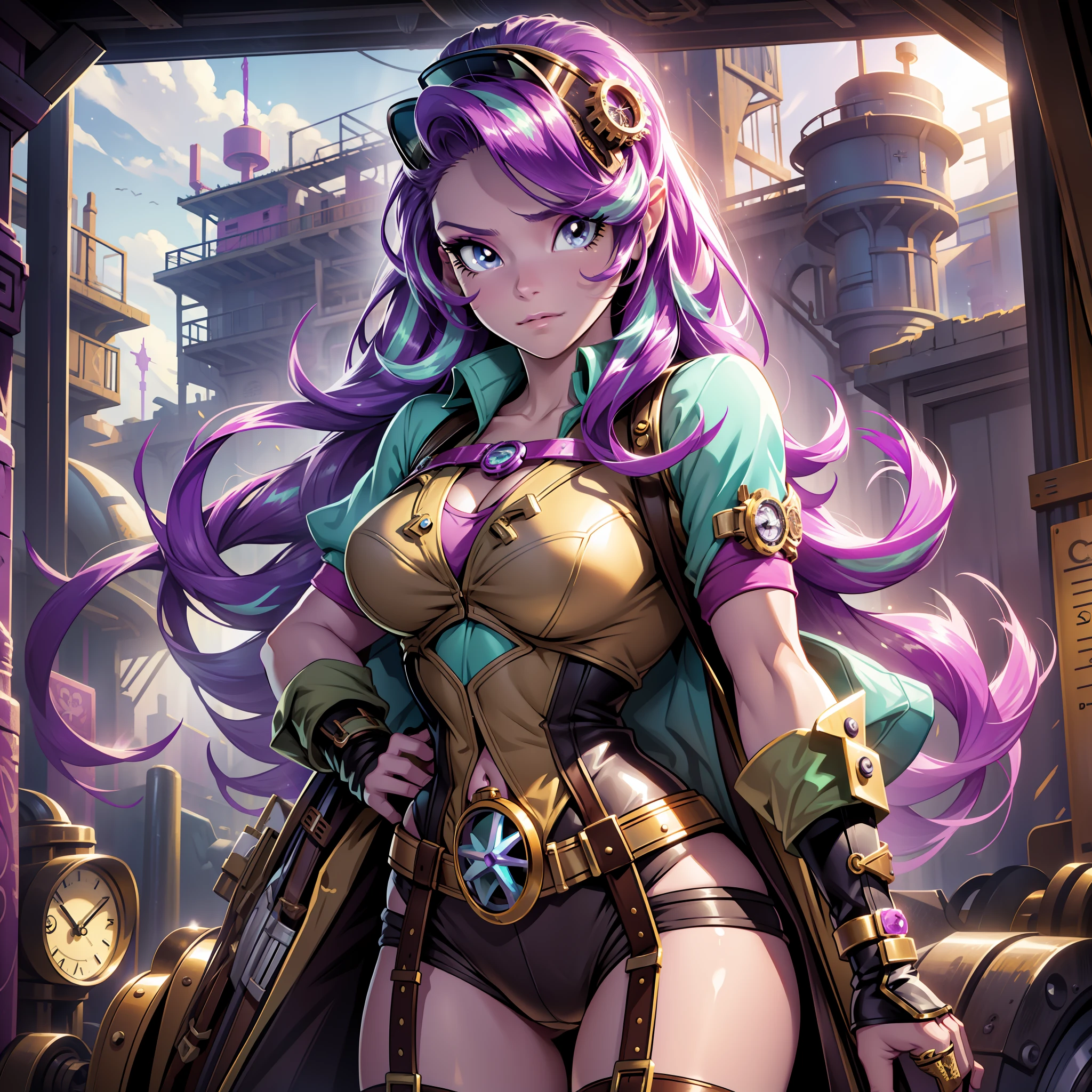 Starlight Glimmer, Starlight Glimmer from My Little Pony, Starlight Glimmer in the form of a girl, long hair, lush hair, Steampunk, body from steampunk mechanisms, golden gears, not human, gear skin, steampunk style, best quality, very detailed, ultra 8k resolution