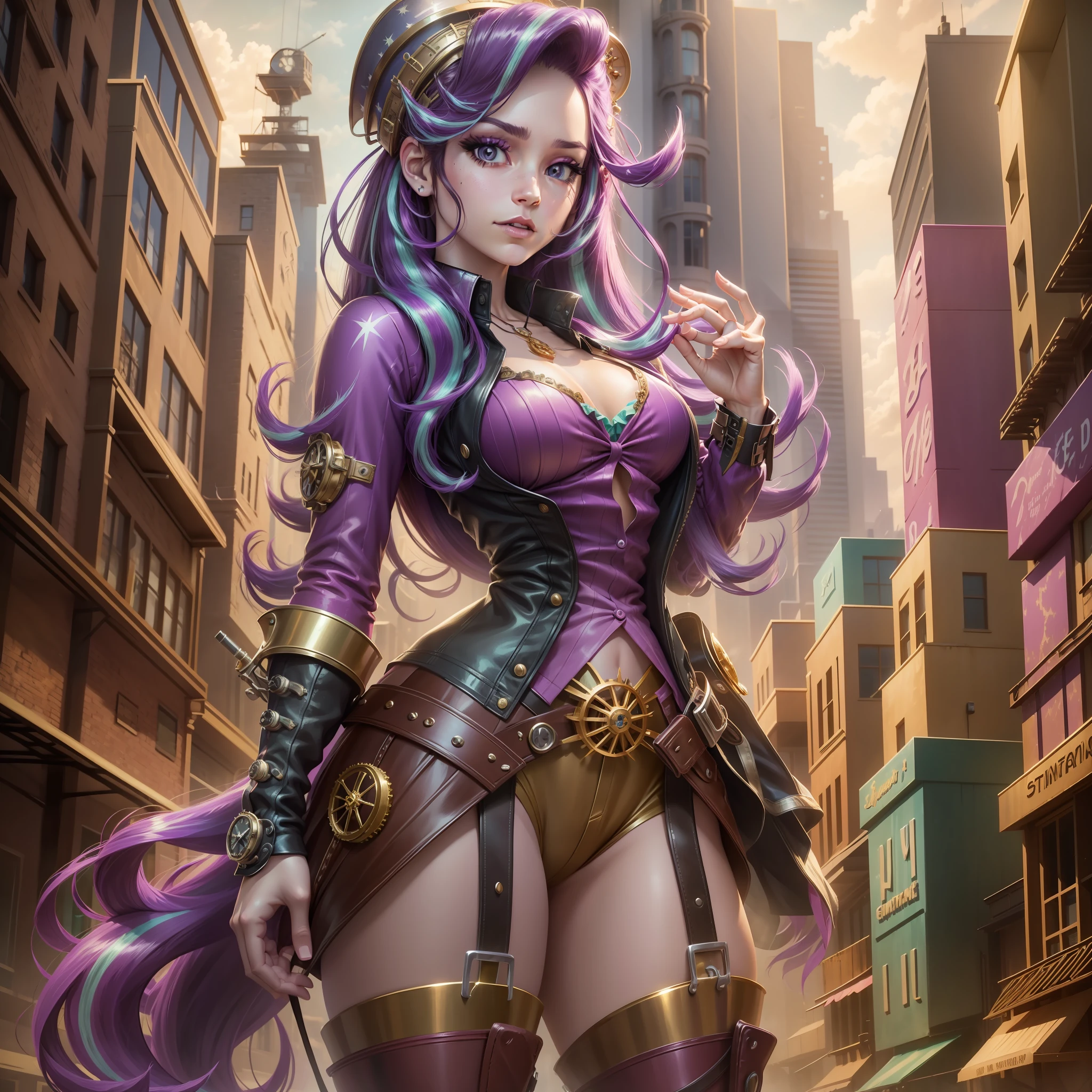 Starlight Glimmer, Starlight Glimmer from My Little Pony, Starlight Glimmer in the form of a girl, long hair, lush hair, Steampunk, body from steampunk mechanisms, golden gears, not human, gear skin, steampunk style, best quality, very detailed, ultra 8k resolution