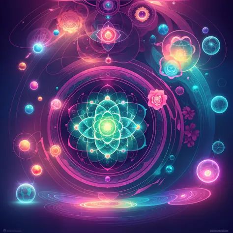 a close up of a glass with a flower inside of it, the nucleus, atom, torus energy, digital illustration radiating, akashic, alchemical, energy spheres, quantum deep magic, quantum, ajna chakra, energy core, sacred fractal structures, alchemical still, alch...