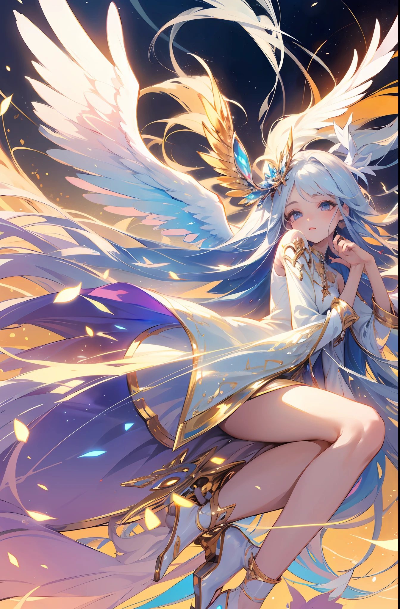 (Masterpiece: 1.4), (Best Quality: 1.4), (Very Cute Angel Girl, Super Detailed Face, Jewel-like Eyes, White Very Long Hair, Colorful Gradient Hair: 1.4), (Angel Ring:
1.4), (Angel Wings: 1.4), (Full body, perfect 2 arms, perfect 2 legs: 1.4), Perfect 4 fingers: 1 thumb, light, shine, bokeh, super fine