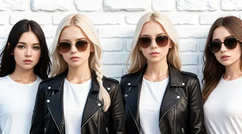 a group of 10-year-old Russian children girls, in leather jacket and black clothing, and sunglasses, with long blonde hair, closeup, standing in front of a white tile wall, white wall, basic white background, white wall background, wall, white background b...