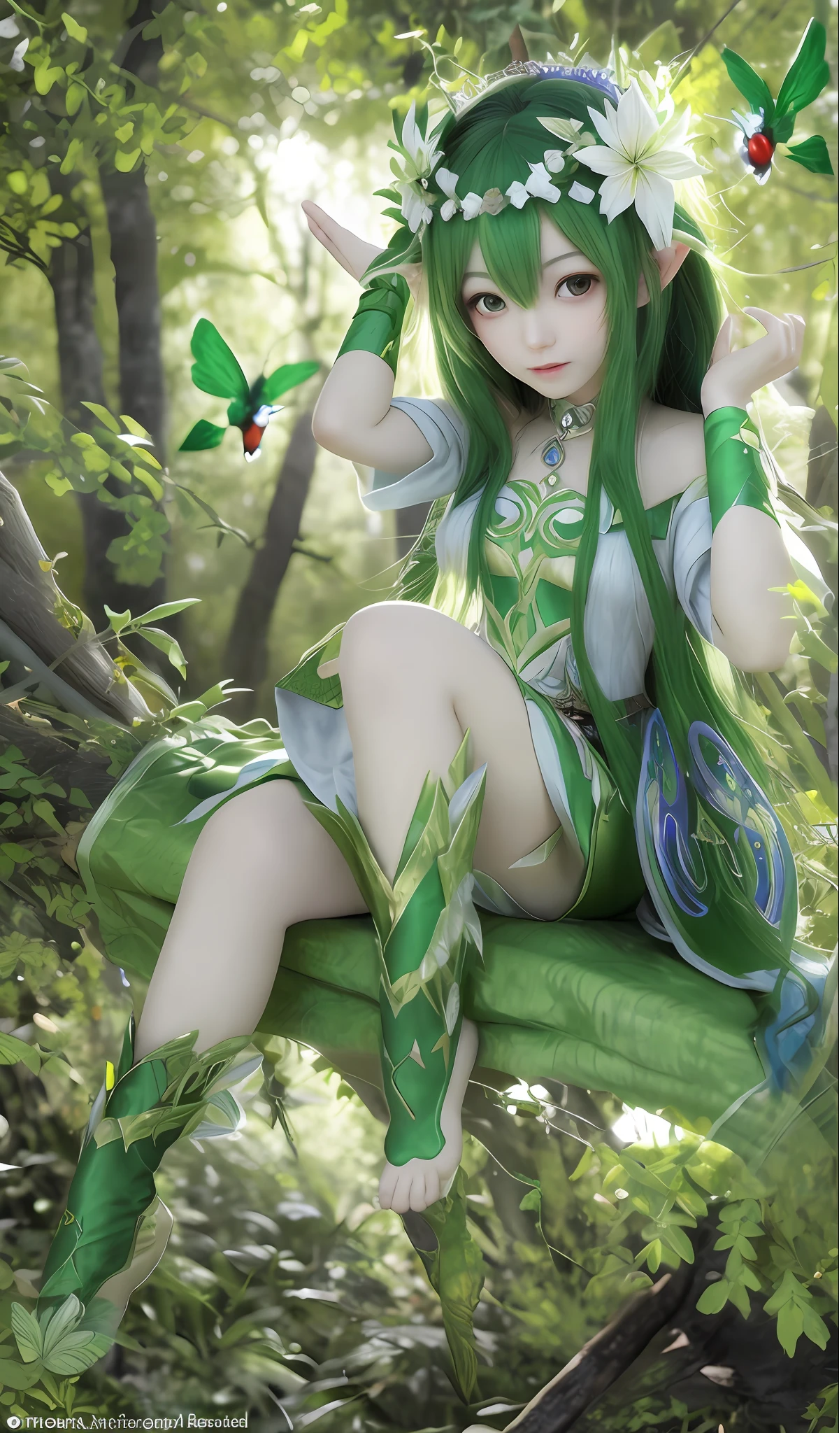 melhor qualidade, resolução ultra alta, (fotorrealista: 1.4), Garota anime de cabelo verde sentada em um galho, Rainha Fada da Floresta de Verão, deusa da natureza, garota elfa, sedutor elfo princesa cavaleiro, dríade linda e elegante, Rainha Elfa Nisha Genesis Maga, Alma da Floresta, estilo de arte da fábrica de runas 5, Estilo Universo Sombrio, Deusa dos animes, garota treinadora de insetos, deusa da floresta, Shi Tao