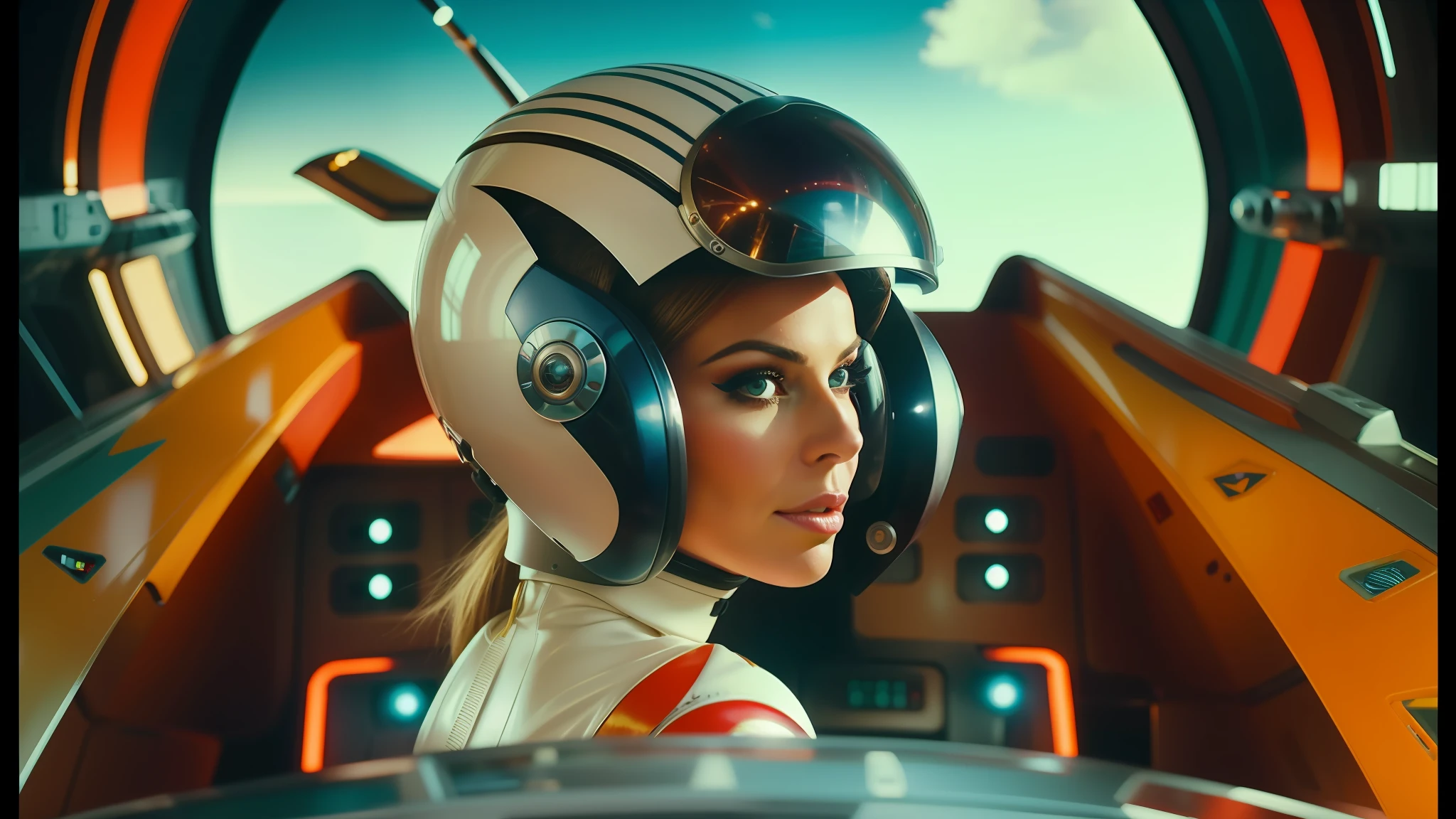 arafed woman in a futuristic helmet in a spaceship cockpit, style of wes anderson, trending on interfacelift, 60s style, inspired by Jodorowsky, kylie minogue as barbarella, circa 1970, pilot girl, trending on artstaion