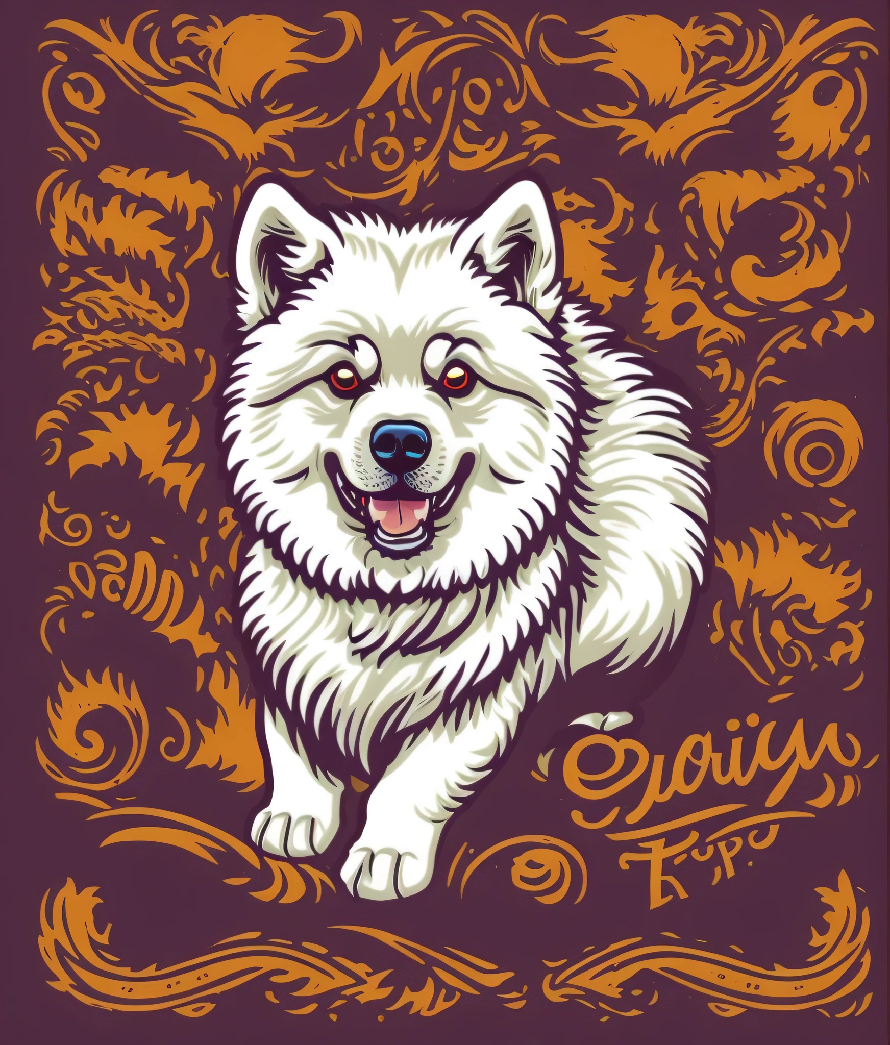 American Eskimo breed dog, colorful, vintage style, (t-shirt design), realistic volumetric light of masterpiece