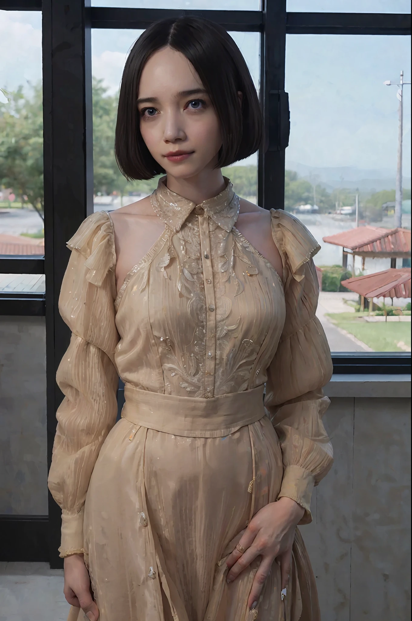 best quality, masterpiece, high resolution, 1girl, beautiful and perfect face, bob cut, maxi dress, intricate detailed, cinematic feel, 8k, extremely detailed