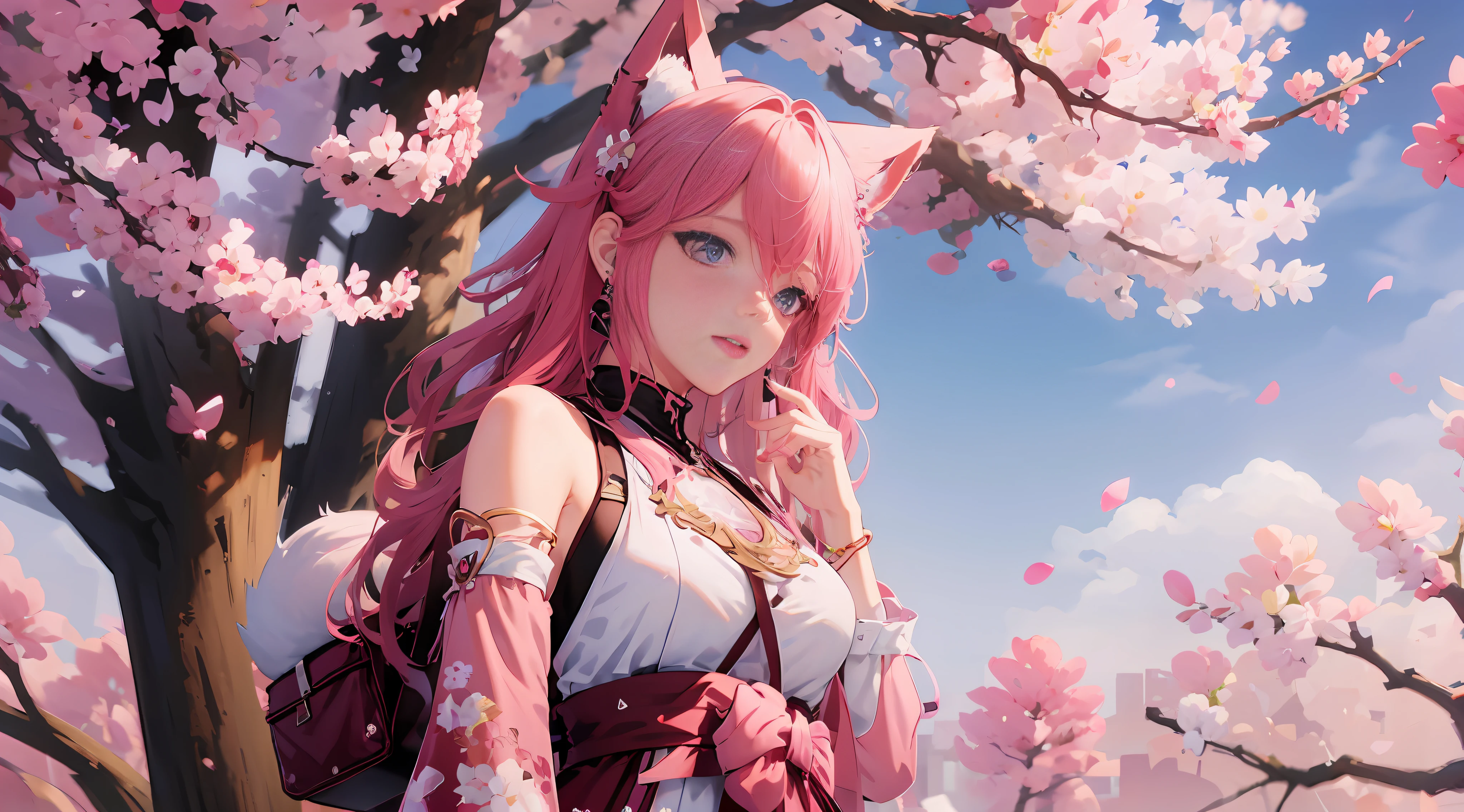 Femme aux cheveux roses et robe rose, very belle fille de renard anime, belle fille de renard anime, fille animée avec des oreilles de renard, style anime 3D réaliste, renard rose, Anime 3D réaliste, Style animé. 8k, Style animé 4k, Rendu réaliste d&#39;une fille d&#39;anime, Style animé 3d, fille animée dans la vraie vie avec des yeux délicats