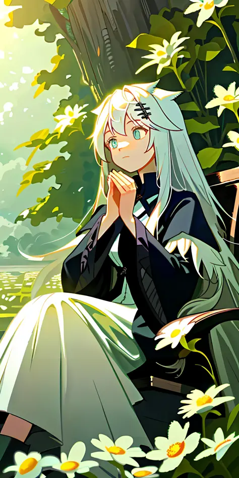 (Masterpiece, best quality), 1 long white-haired girl sitting in a field of greenery and flowers, her hands under her chin, warm...