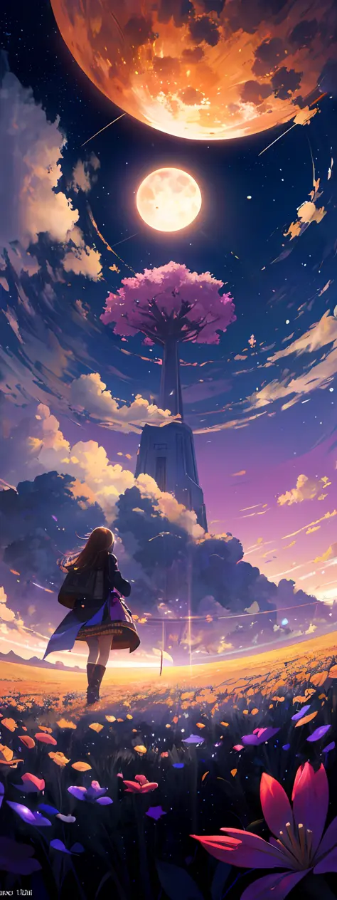A wide landscape photo, (viewed from below, the sky is above, and the open field is below), a girl standing on a flower field lo...