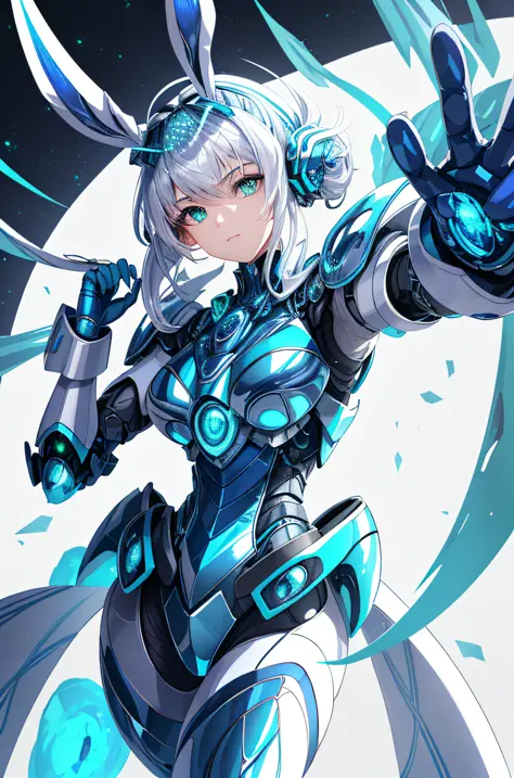 (ultra-detailed CG unity 8k wallpaper, masterpiece, best quality):(dynamic angle, solo, 1girl, blue cyborg armor styled in a pol...