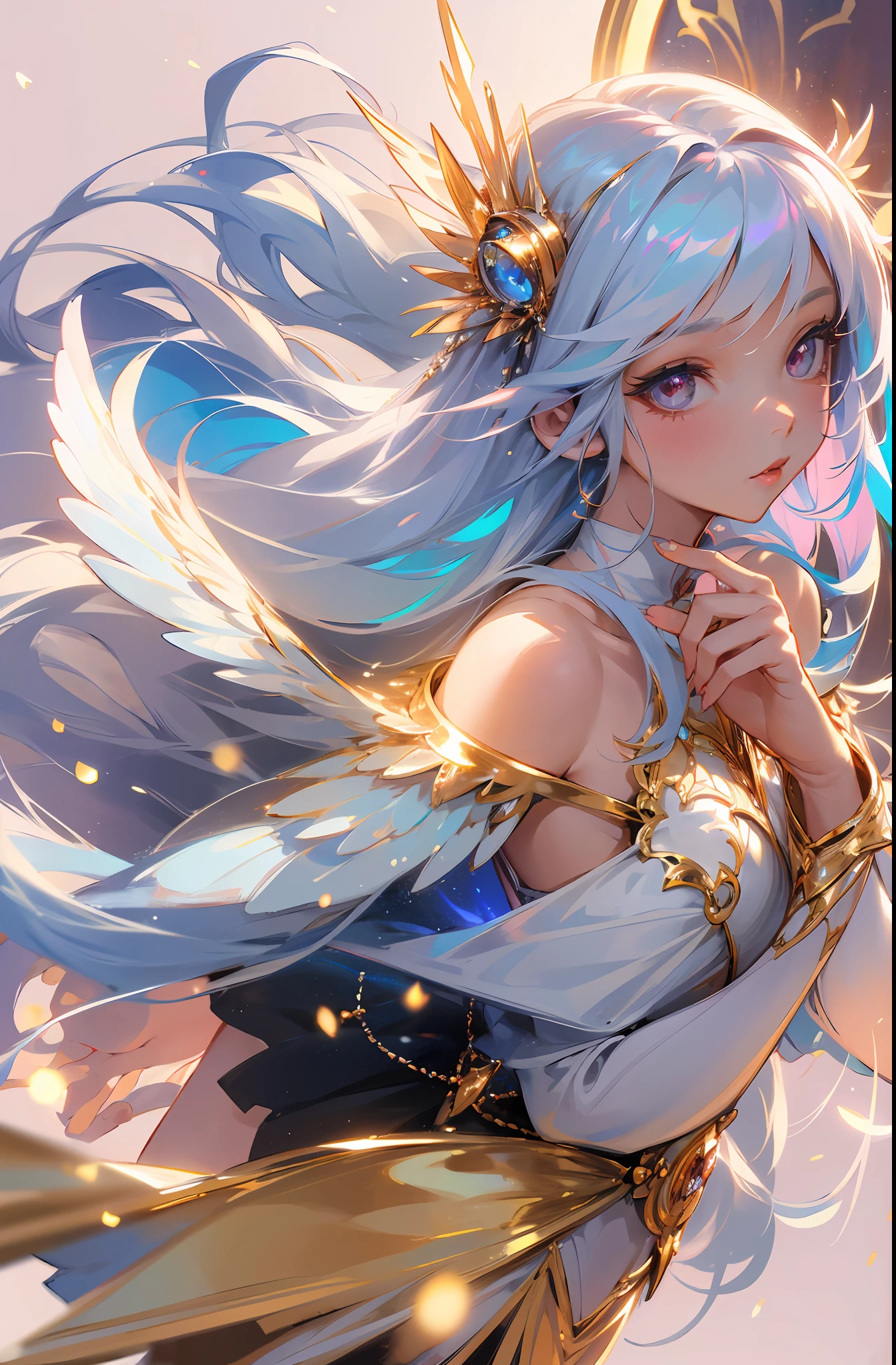 (Masterpiece: 1.4), (Best Quality: 1.4), (Very Cute Angel Girl, Super Detailed Face, Jewel-like Eyes, White Very Long Hair, Colorful Gradient Hair: 1.4), (Angel Ring:
1.4), (Angel Wings: 1.4), (Full body, perfect 2 arms, perfect 2 legs: 1.4), Perfect 4 fingers: 1 thumb, light, shine, bokeh, super fine