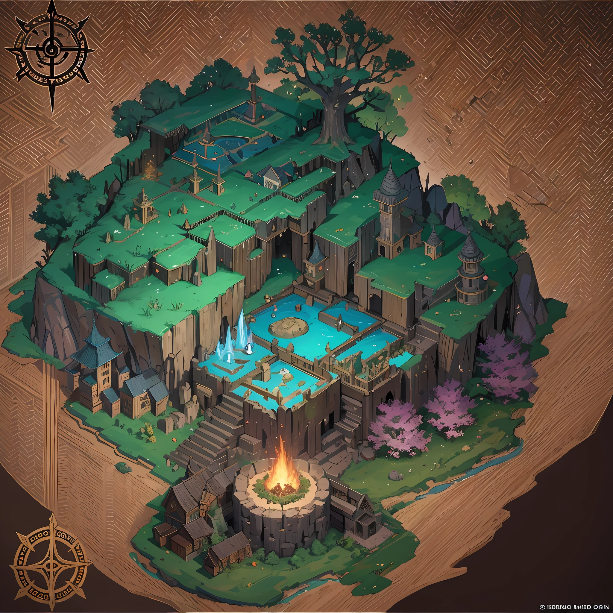 RPG-Karte, Karte eines Königreichs, das auf dem alten Skelett eines Riesen erbaut wurde, mit schattigen Wäldern, Flüsse, und Tempel --auto --s2