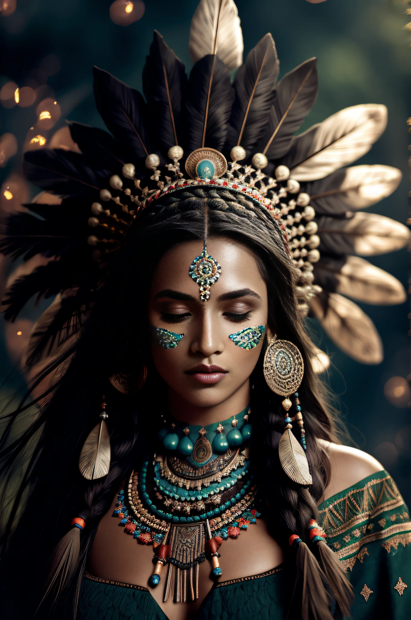 (full portrait), (half shot), solo, detailed background, detailed face, (stonepunkAI, stone theme:1.1), wise, (female), (native american), (beautiful hair, braids:0.2), shaman, septum piercing, mystical, (gorgeous face), stunning, head tilted upwards, (eyes closed, serene expression), calm, meditating, Seafoam Green frayed clothes, prayer beads, tribal jewelry, feathers in hair, headdress:0.33, jade, obsidian, detailed clothing, cleavage, realistic skin texture, (floating particles, water swirling, embers, ritual, whirlwind, wind:1.2), sharp focus, volumetric lighting, good highlights, good shading, subsurface scattering, intricate, highly detailed, ((cinematic)), dramatic, (highest quality, award winning, masterpiece:1.5), (photorealistic:1.5), (intricate symmetrical warpaint:0.5),