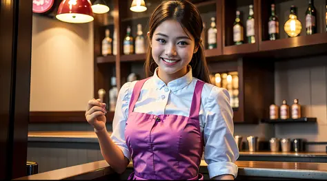 through high_quality,maximum quality,masterpiece,1girl(rose),waitress,looking at viewer,  (smile、:1.1),