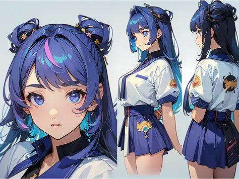 ((masterpiece)),(((best quality))),(character design sheet, same character, front, side, back), illustration, 1 girl, hair color, bangs, hairstyle fax, eyes, environment change scene, Hairstyle Fax, Pose Zitai, Female, Shirt Shangyi, Star, Charturnbetalora...