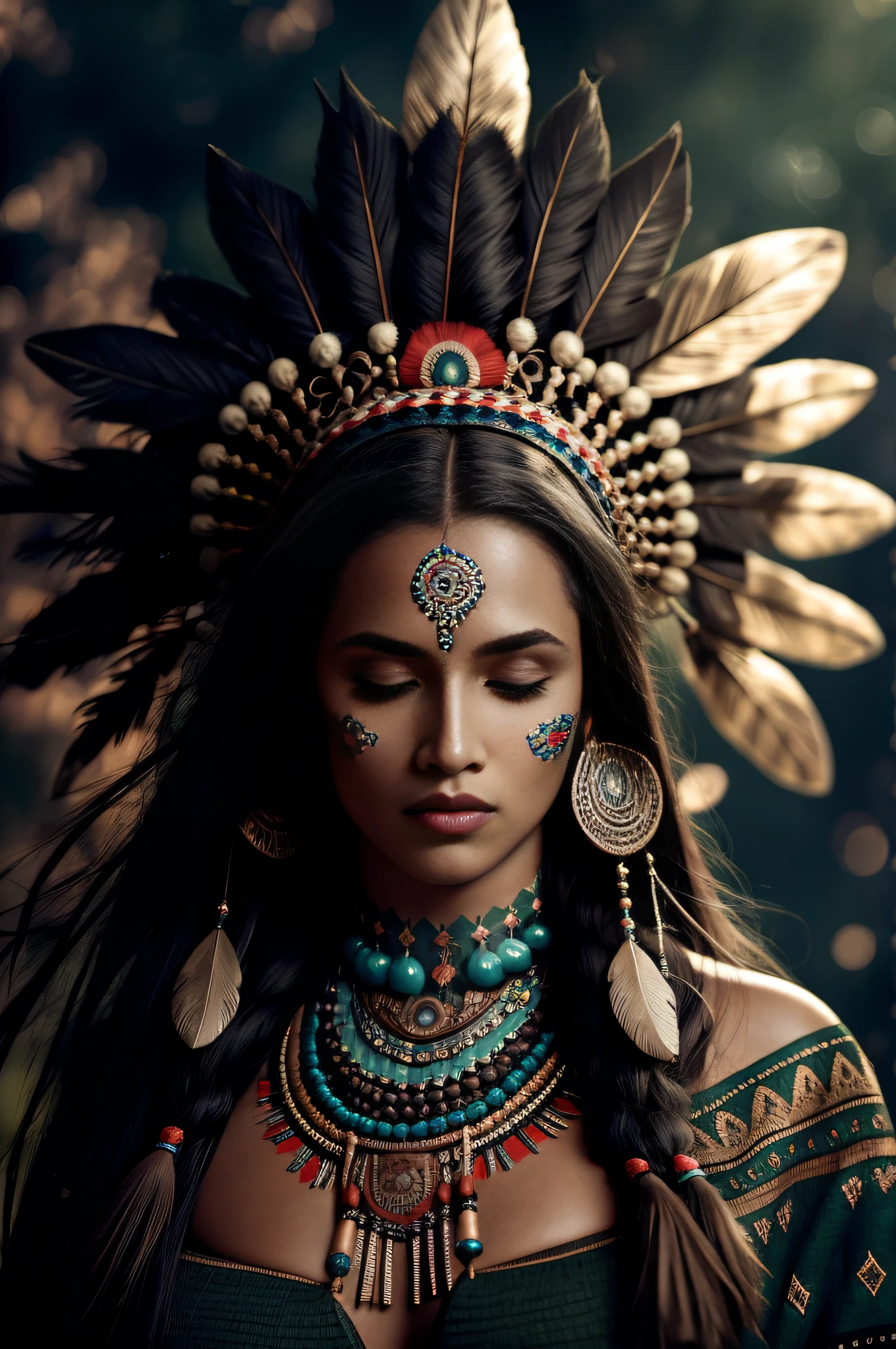 (full portrait), (half shot), solo, detailed background, detailed face, (stonepunkAI, stone theme:1.1), wise, (female), (native american), (beautiful hair, braids:0.2), shaman, septum piercing, mystical, (gorgeous face), stunning, head tilted upwards, (eyes closed, serene expression), calm, meditating, Seafoam Green frayed clothes, prayer beads, tribal jewelry, feathers in hair, headdress:0.33, jade, obsidian, detailed clothing, cleavage, realistic skin texture, (floating particles, water swirling, embers, ritual, whirlwind, wind:1.2), sharp focus, volumetric lighting, good highlights, good shading, subsurface scattering, intricate, highly detailed, ((cinematic)), dramatic, (highest quality, award winning, masterpiece:1.5), (photorealistic:1.5), (intricate symmetrical warpaint:0.5),