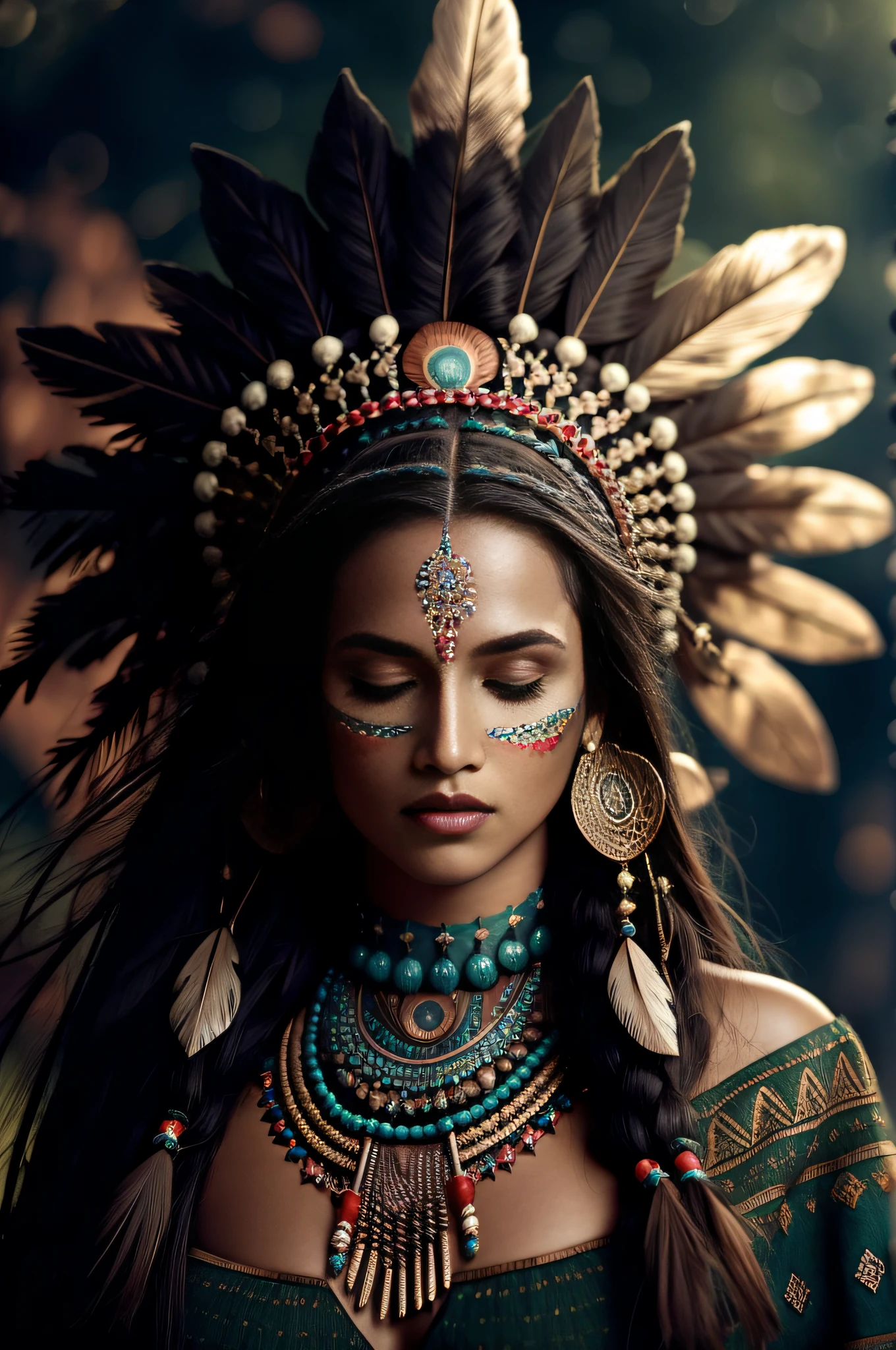 (full portrait), (half shot), solo, detailed background, detailed face, (stonepunkAI, stone theme:1.1), wise, (female), (native american), (beautiful hair, braids:0.2), shaman, septum piercing, mystical, (gorgeous face), stunning, head tilted upwards, (eyes closed, serene expression), calm, meditating, Seafoam Green frayed clothes, prayer beads, tribal jewelry, feathers in hair, headdress:0.33, jade, obsidian, detailed clothing, cleavage, realistic skin texture, (floating particles, water swirling, embers, ritual, whirlwind, wind:1.2), sharp focus, volumetric lighting, good highlights, good shading, subsurface scattering, intricate, highly detailed, ((cinematic)), dramatic, (highest quality, award winning, masterpiece:1.5), (photorealistic:1.5), (intricate symmetrical warpaint:0.5),