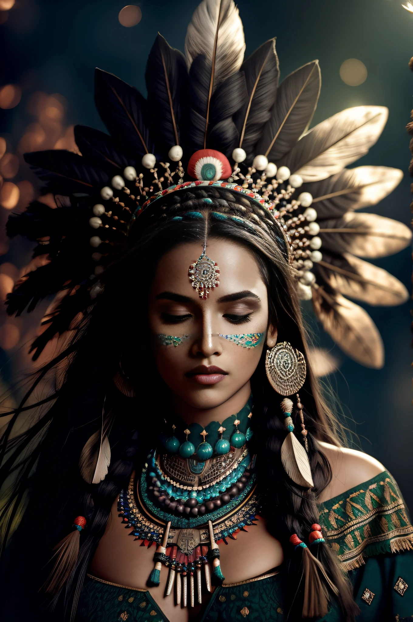 (full portrait), (half shot), solo, detailed background, detailed face, (stonepunkAI, stone theme:1.1), wise, (female), (native american), (beautiful hair, braids:0.2), shaman, septum piercing, mystical, (gorgeous face), stunning, head tilted upwards, (eyes closed, serene expression), calm, meditating, Seafoam Green frayed clothes, prayer beads, tribal jewelry, feathers in hair, headdress:0.33, jade, obsidian, detailed clothing, cleavage, realistic skin texture, (floating particles, water swirling, embers, ritual, whirlwind, wind:1.2), sharp focus, volumetric lighting, good highlights, good shading, subsurface scattering, intricate, highly detailed, ((cinematic)), dramatic, (highest quality, award winning, masterpiece:1.5), (photorealistic:1.5), (intricate symmetrical warpaint:0.5),