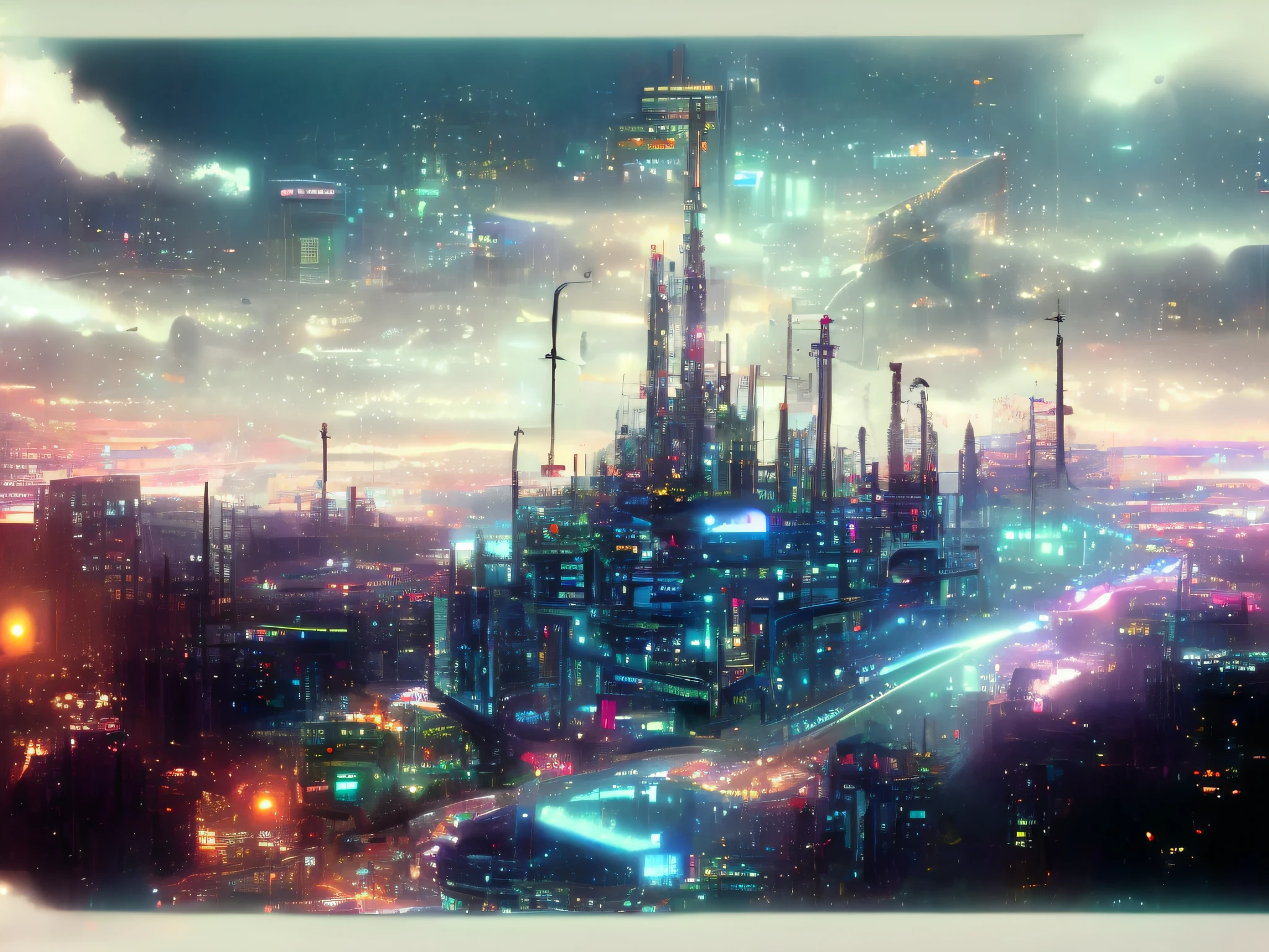 digital ink, wide shot, sci fi city, Cybercity, style by JovianSociety