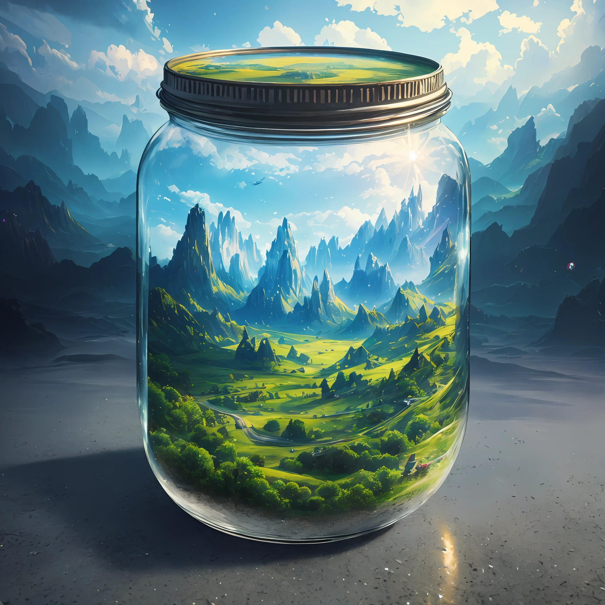 there is a jar with a picture of a landscape inside of it, a photorealistic painting by Beeple, behance contest winner, fantasy art, dreamscape in a jar, recusion beeple, beeple artwork, beeple art, surrealistic digital artwork, surreal art, beeple masterpiece, beeple. hyperrealism --auto --s2