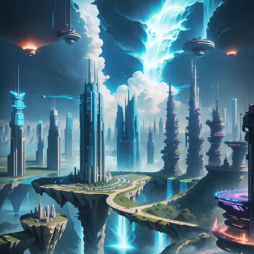 Aerial City Floating City Future World Cyberpunk Top Quality Masterpiece Giant Waterfall