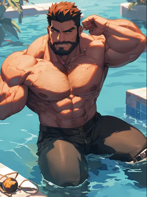 there is a man that is sitting in the water with a cell phone, super buff and cool, muscular character, big biceps, large muscles, muscular!!, gigachad muscular, muscular characters, muscular!!!, big muscles, muscular! cyberpunk, male art, massive muscles,...