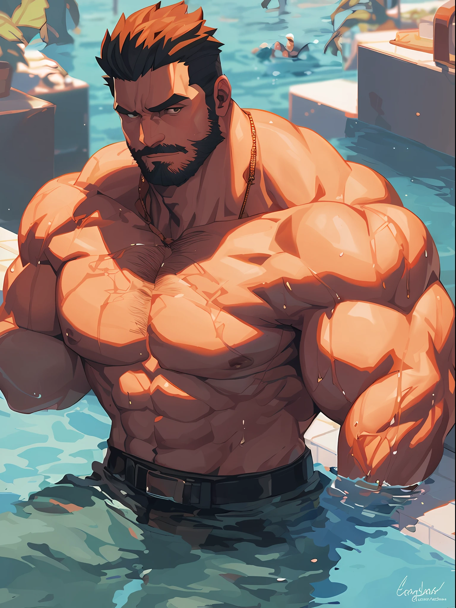 there is a man that is sitting in the water with a cell phone, super buff and cool, muscular character, big biceps, large muscles, muscular!!, gigachad muscular, muscular characters, muscular!!!, big muscles, muscular! cyberpunk, male art, massive muscles, muscular male hero, beefcake pose, beefy, commission for high res, muscular! close up shot, portrait