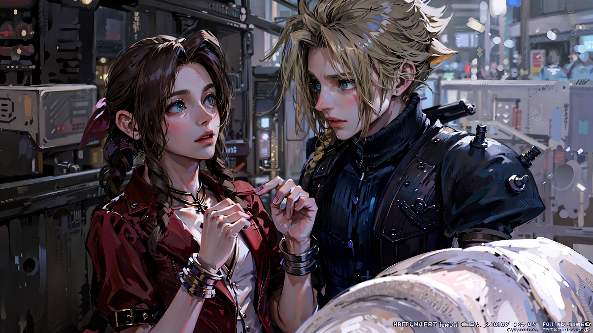 The anime characters are standing side by side, with a man holding a woman in his arms, from Final Fantasy VII, from FF7, Cloud strife, Aerith Gainsborough, Beautiful, from Final Fantasy, FF 7, Final Fantasy, Final Fantasy, Glamorous Cloud strife, Aerith Portrait, Final Fantasy Face, Style Square Enix, Square Enix Cinematic Art, Square Enix,  Final Fantasy Style