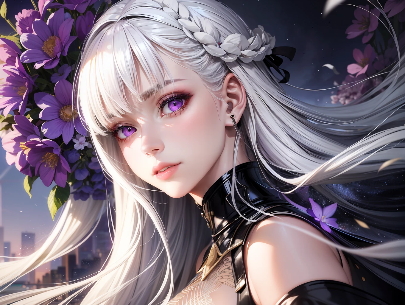 "Realistic portrayal of a girl with white hair and purple eyes, highlighting the glowing eyes. She's adorned in a crop top, paired with a skirt, subtly parted lips and flushed cheeks. Set in the backdrop of a calm night with blooming flowers, adding a touch of warmness with the sunrays illuminated by the sunlight."