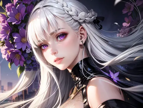 "Realistic portrayal of a girl with white hair and purple eyes, highlighting the glowing eyes. She's adorned in a crop top, paired with a skirt, subtly parted lips and flushed cheeks. Set in the backdrop of a calm night with blooming flowers, adding a touc...