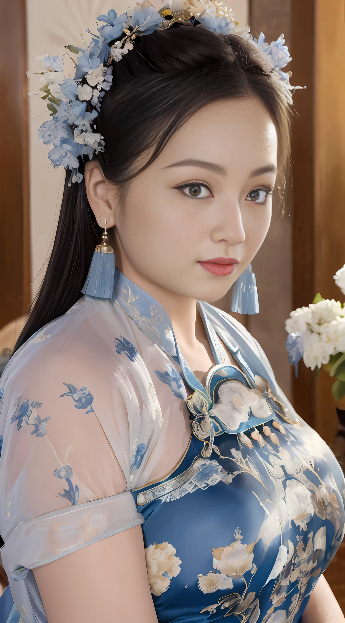 una mujer asiática vestida con un vestido azul y una corona de flores, palacio ， Una chica en Hanfu, hanfu, con ropa china antigua, vistiendo ropa china antigua, chino tradicional, Estilo chino, chino tradicional clothing, traje chino, princesa china, cheongsam, vestido chino, belleza tradicional, inspirado en Huang Ji, hanfu blanco