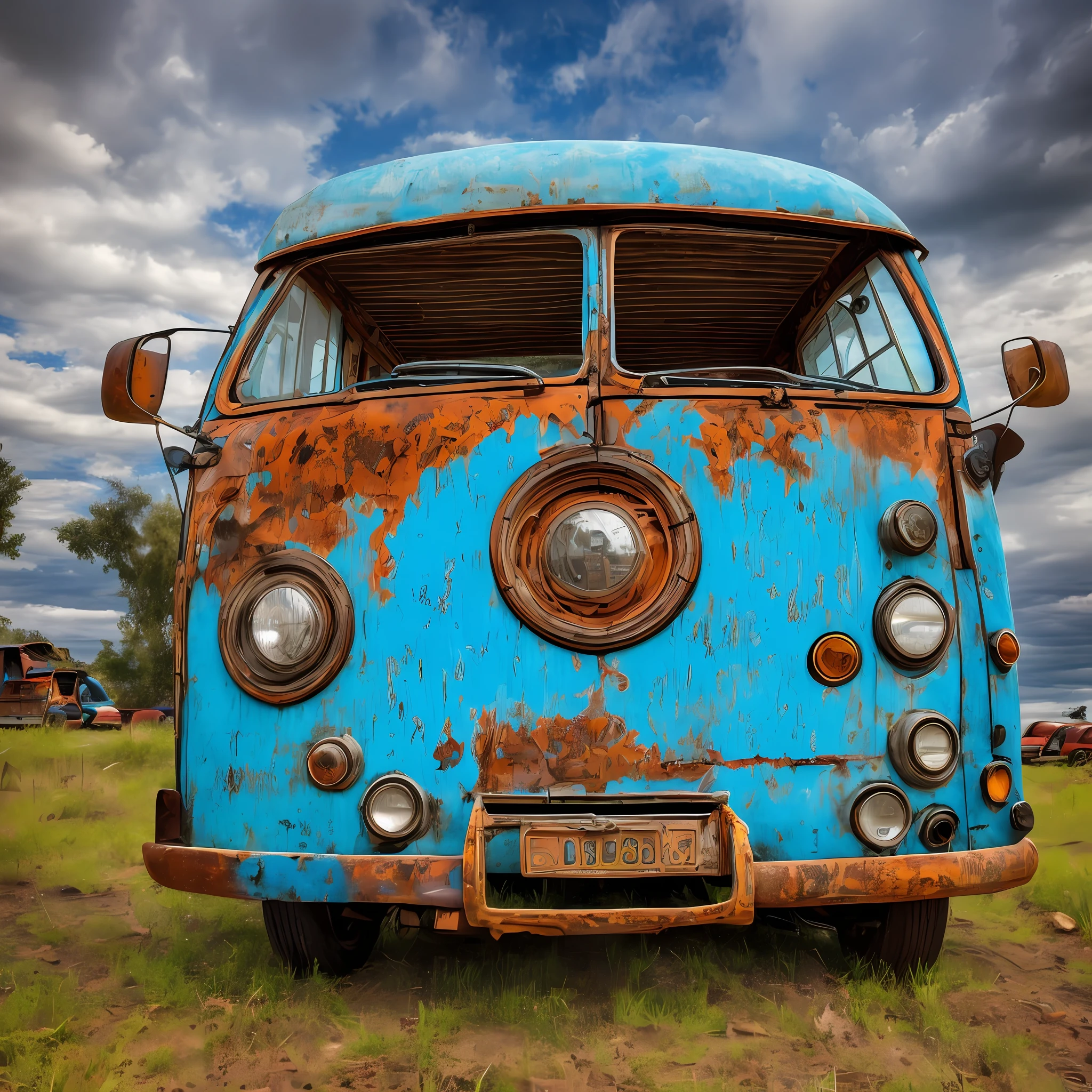 criar imagem: Looking for an epic and cinematic Positivism-style image of a rusty blue kombi van in a post-apocalyptic city? Consider using vivid colors, intricate details, and a grandiose atmosphere that captures the spirit of positivity in a world that has been destroyed. This artwork could be rendered in 3D, with intricate sharp details that bring the rusty blue kombi van to life. Consider working with artists such as Auguste Rodin, Pierre-Auguste Renoir, or Camille Pissarro to bring this design to life. --auto --s2