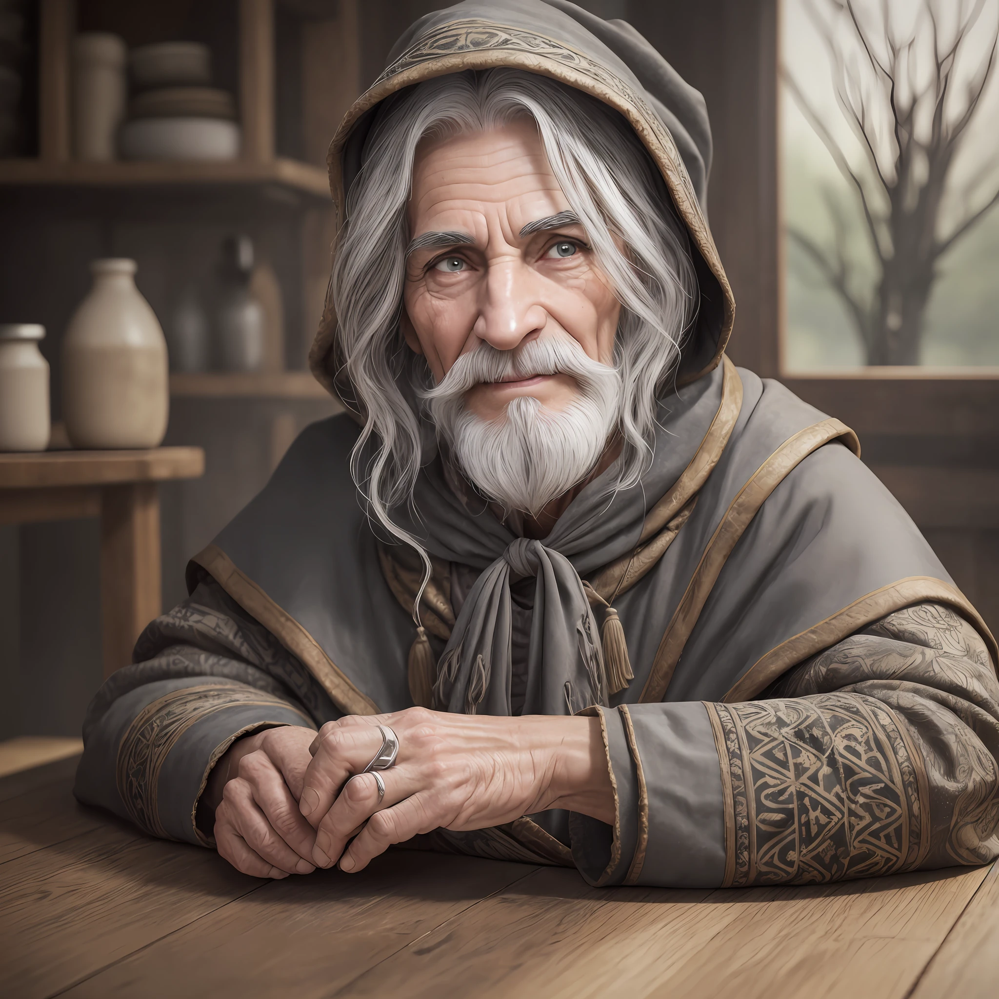 photorealistic, highest quality, RAW photo, solo middle-aged woman (medium shot) photos (hybrid of troll and women, Baba Yaga, witch 60 years old: 1.4), powerful physique sitting in front of a table with (mocking smile: 1.4), (putting one hand on cheek: 1.4), dressed in an old cloak, large aquiline nose, bushy eyebrows, gray eyes, grayish skin, wrinkles around the eyes, powerful aquiline nose,  Beards, powerful chin, creepy, disturbing, photorealistic skin texture | Stains | wrinkles, detailed clothing, clothing texture, raincoat, | wrinkles, abundance of detail, intricate details, subsurface scattering, volumetric shadows, sharp focus, 8k, high detail, UHD, HDR (extremely high facial expression: 1.3), 5 fingers, precise hand anatomy --auto --s2